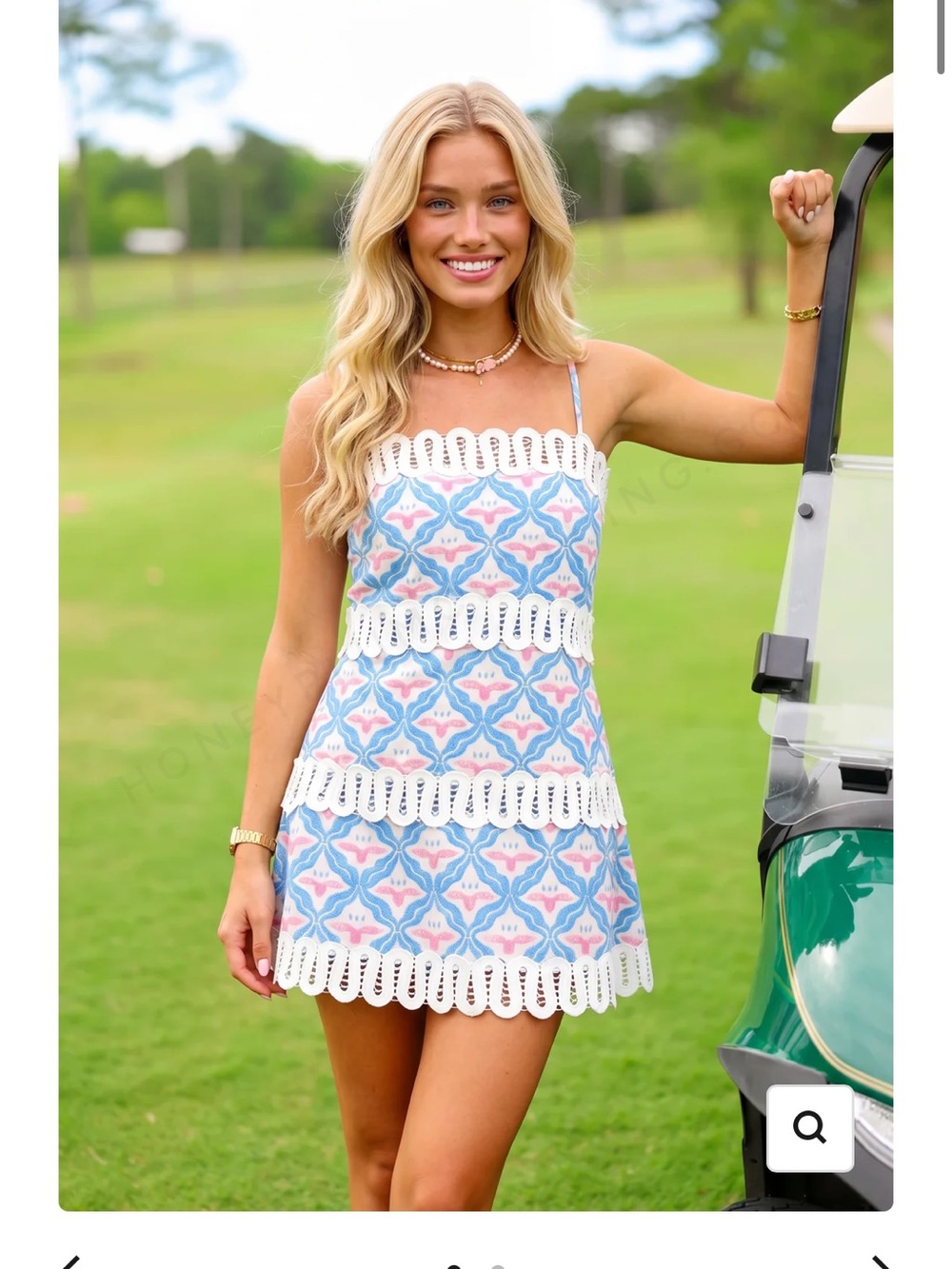 Eyelet-Trim Printed Mini Dress in Light Blue and Pink